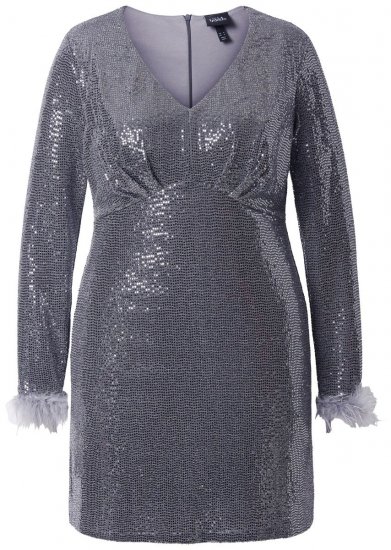 Ulla Popken 845145 Paillettenjurk met V-hals Zilver - Avondjurken - Grote maten avondkleding