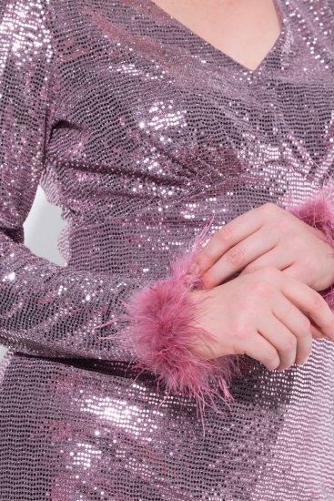 Ulla Popken 845145 Paillettenjurk met V-hals Roze - Avondjurken - Grote maten avondkleding