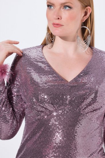 Ulla Popken 845145 Paillettenjurk met V-hals Roze - Avondjurken - Grote maten avondkleding