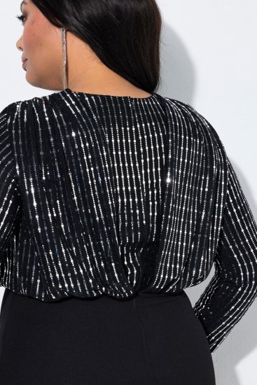Ulla Popken 845151 Gestreepte jurk met V-hals Zwart - Avondjurken - Grote maten avondkleding