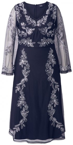 Ulla Popken 845366 Gebloemde paillettenjurk Donkerblauw - Avondjurken - Grote maten avondkleding