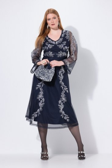 Ulla Popken 845366 Gebloemde paillettenjurk Donkerblauw - Avondjurken - Grote maten avondkleding
