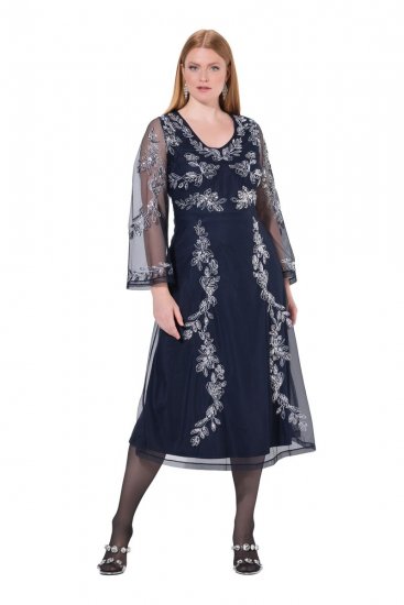 Ulla Popken 845366 Gebloemde paillettenjurk Donkerblauw - Avondjurken - Grote maten avondkleding