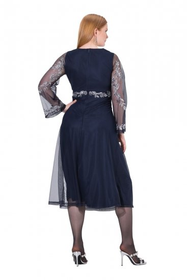 Ulla Popken 845366 Gebloemde paillettenjurk Donkerblauw - Avondjurken - Grote maten avondkleding