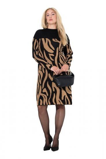 Ulla Popken 845378 Gebreide jurk met dierenprint Beige - Avondjurken - Grote maten avondkleding