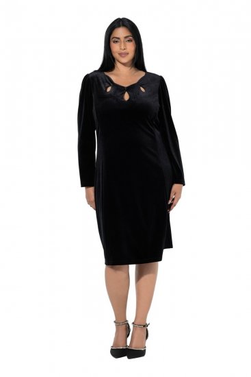 Ulla Popken 845573 Fluwelen jurk met lange mouwen Zwart - Avondjurken - Grote maten avondkleding