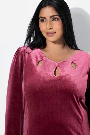 Ulla Popken 845573 Fluwelen jurk met lange mouwen Wijnrood - Avondjurken - Grote maten avondkleding