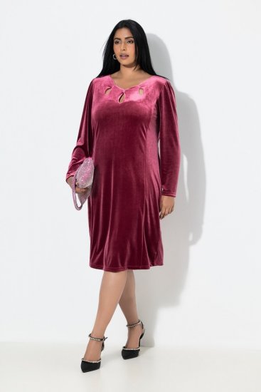 Ulla Popken 845573 Fluwelen jurk met lange mouwen Wijnrood - Avondjurken - Grote maten avondkleding