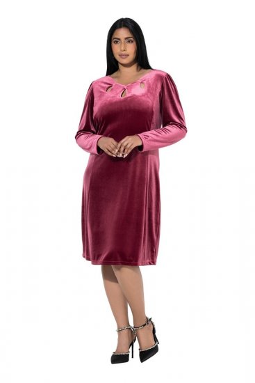 Ulla Popken 845573 Fluwelen jurk met lange mouwen Wijnrood - Avondjurken - Grote maten avondkleding