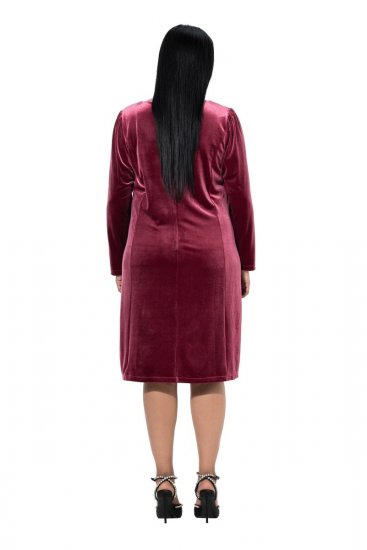 Ulla Popken 845573 Fluwelen jurk met lange mouwen Wijnrood - Avondjurken - Grote maten avondkleding