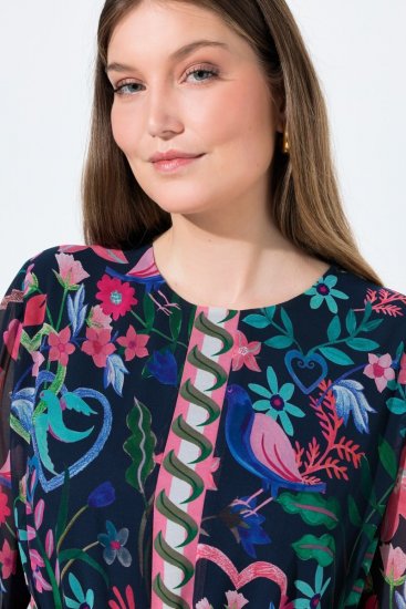 Ulla Popken 845649 Gebloemde chiffon jurk Donkerblauw - Midi jurken - Midi-jurken in grote maten