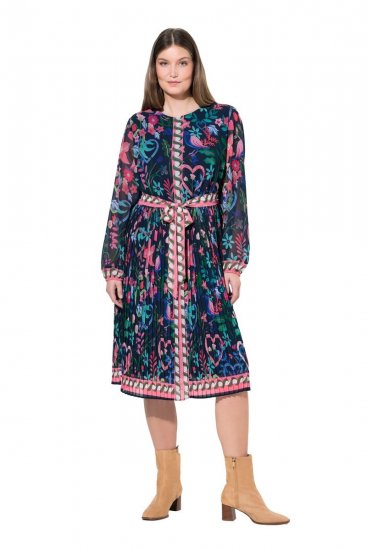 Ulla Popken 845649 Gebloemde chiffon jurk Donkerblauw - Midi jurken - Midi-jurken in grote maten