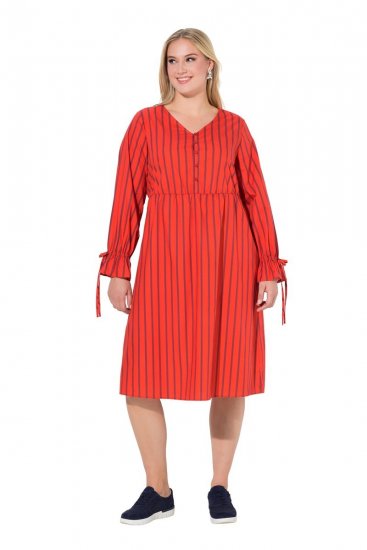 Ulla Popken 845863 Gestreepte midi-jurk met strikceintuur Koraal - Midi jurken - Midi-jurken in grote maten