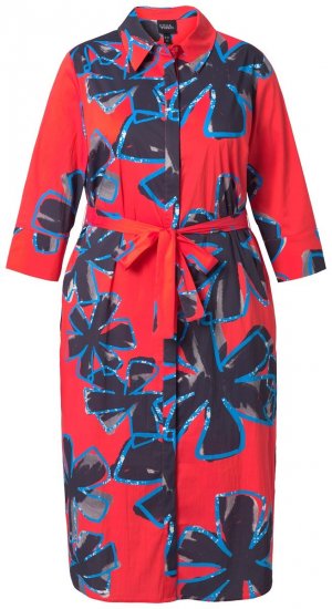 Ulla Popken 846164 Gebloemde blousejurk Rood - Midi jurken - Midi-jurken in grote maten