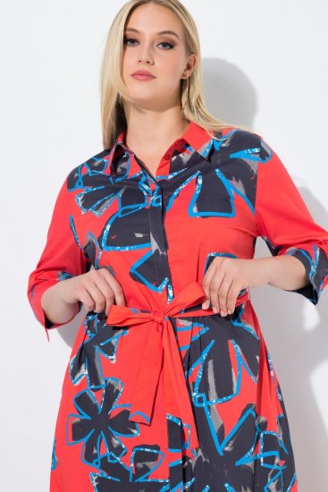 Ulla Popken 846164 Gebloemde blousejurk Rood - Midi jurken - Midi-jurken in grote maten