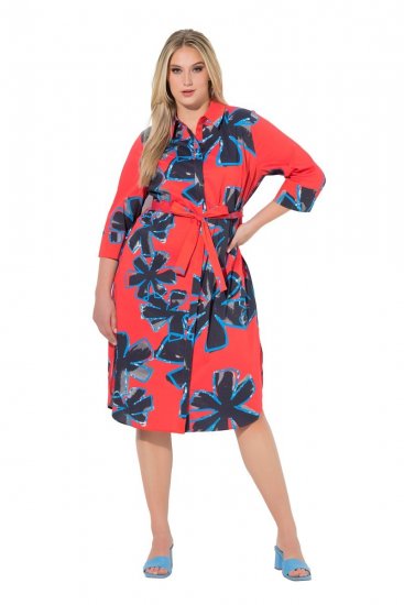 Ulla Popken 846164 Gebloemde blousejurk Rood - Midi jurken - Midi-jurken in grote maten