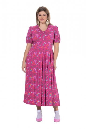 Ulla Popken 847409 Bedrukte maxi-jurk Bessenrood - Maxi jurken - Grote maten maxi jurken