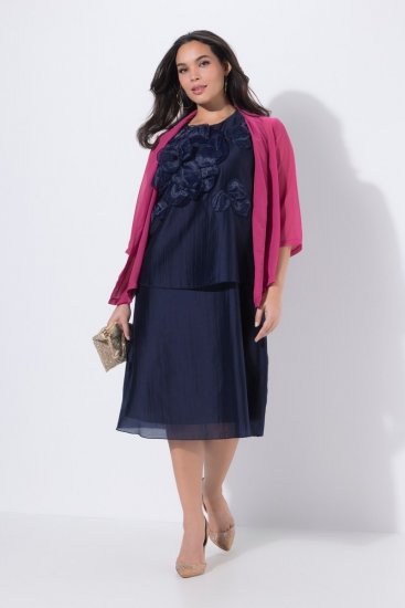 Ulla Popken 847918 Gebloemde chiffon jurk Donkerblauw - Midi jurken - Midi-jurken in grote maten