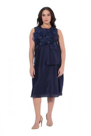 Ulla Popken 847918 Gebloemde chiffon jurk Donkerblauw - Midi jurken - Midi-jurken in grote maten