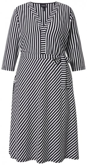 Ulla Popken 848052 Gestreepte midi-jurk met strikceintuur Zwart - Midi jurken - Midi-jurken in grote maten