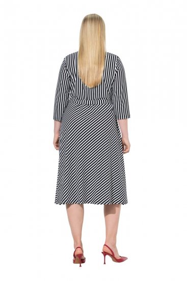 Ulla Popken 848052 Gestreepte midi-jurk met strikceintuur Zwart - Midi jurken - Midi-jurken in grote maten