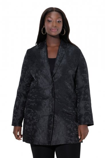 Ulla Popken 848099 Gebloemde jacquard blazer met verborgen knoopsluiting Zwart - Blazers - Damesblazers in grote maten