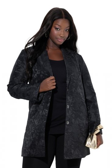 Ulla Popken 848099 Gebloemde jacquard blazer met verborgen knoopsluiting Zwart - Blazers - Damesblazers in grote maten