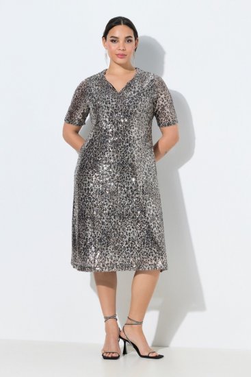 Ulla Popken 848137 Paillettenjurk met dierenprint Beige - Avondjurken - Grote maten avondkleding