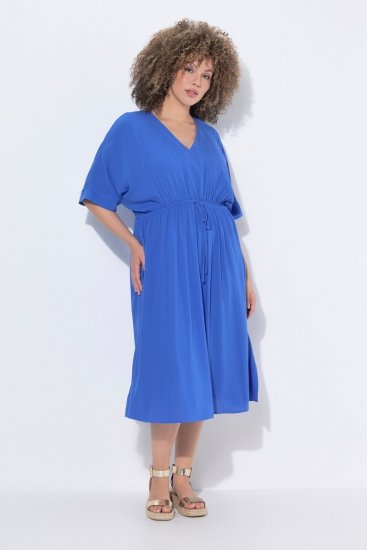 Ulla Popken 848224 Maxi-jurk met korte mouwen en V-hals Blauw - Maxi jurken - Grote maten maxi jurken