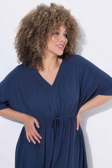 Ulla Popken 848224 Midi-jurk met trekkoord Donkerblauw - Midi jurken - Midi-jurken in grote maten