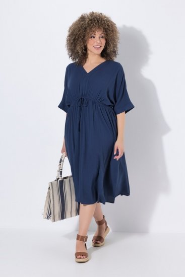 Ulla Popken 848224 Midi-jurk met trekkoord Donkerblauw - Midi jurken - Midi-jurken in grote maten
