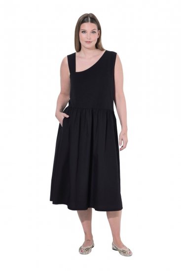 Ulla Popken 848305 Mouwloze midi-jurk met V-hals Zwart - Midi jurken - Midi-jurken in grote maten