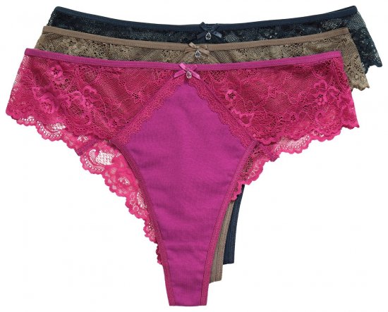 Ulla Popken 848522 Strings met kant 3-pack Donkerpaars - Slips - 