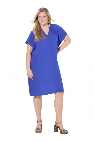 Ulla Popken 848526 Jurk van linnenmix met zakken Blauw - Zomerjurken - Grote maten zomerjurken voor dames