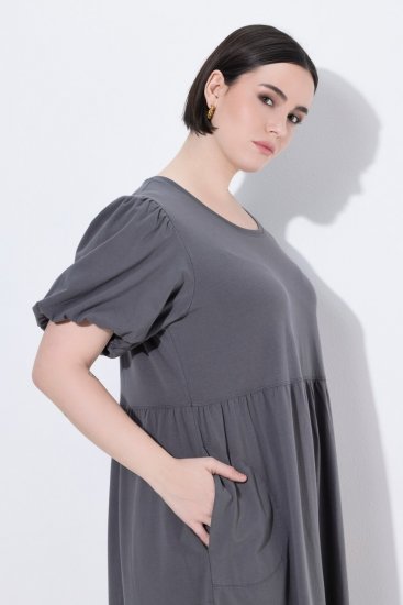 Ulla Popken 848575 Maxi-jurk met korte mouwen en zakken Antraciet - Maxi jurken - Grote maten maxi jurken