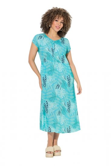 Ulla Popken 848696 Bedrukte midi-jurk met V-hals Turquoise - Midi jurken - Midi-jurken in grote maten