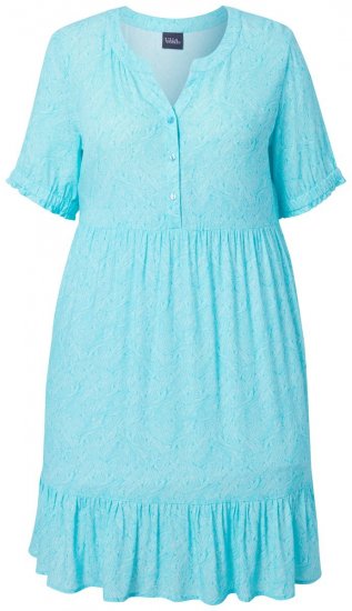 Ulla Popken 848724 Bedrukte jurk met ruches Turquoise - Kleedjes - Jurken in elke maat