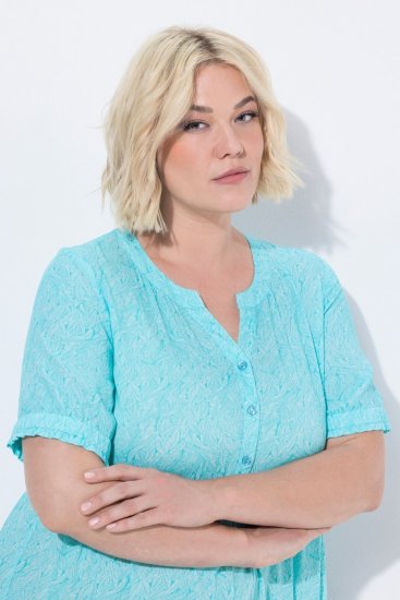 Ulla Popken 848724 Bedrukte jurk met ruches Turquoise - Kleedjes - Jurken in elke maat