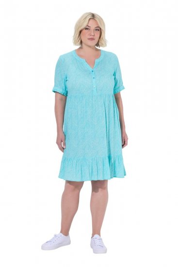 Ulla Popken 848724 Bedrukte jurk met ruches Turquoise - Kleedjes - Jurken in elke maat