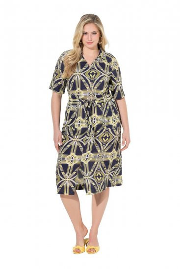 Ulla Popken 848789 Bedrukte midi-jurk met zakken Donkerblauw - Midi jurken - Midi-jurken in grote maten