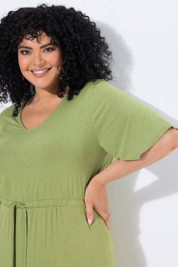 Ulla Popken 848829 Midi-jurk met korte mouwen en trekkoord Lichtgroen - Midi jurken - Midi-jurken in grote maten