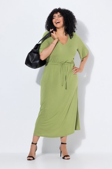 Ulla Popken 848829 Midi-jurk met korte mouwen en trekkoord Lichtgroen - Midi jurken - Midi-jurken in grote maten