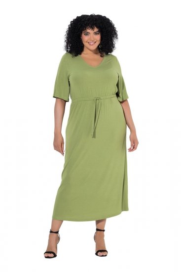 Ulla Popken 848829 Midi-jurk met korte mouwen en trekkoord Lichtgroen - Midi jurken - Midi-jurken in grote maten