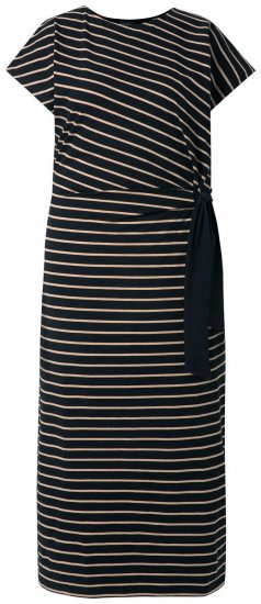 Ulla Popken 848921 Gestreepte jersey jurk met strikceintuur Zwart - Maxi jurken - Grote maten maxi jurken