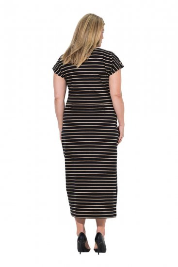 Ulla Popken 848921 Gestreepte jersey jurk met strikceintuur Zwart - Maxi jurken - Grote maten maxi jurken
