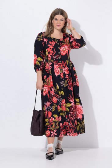 Ulla Popken 849593 Gebloemde blousejurk Donkerblauw - Maxi jurken - Grote maten maxi jurken