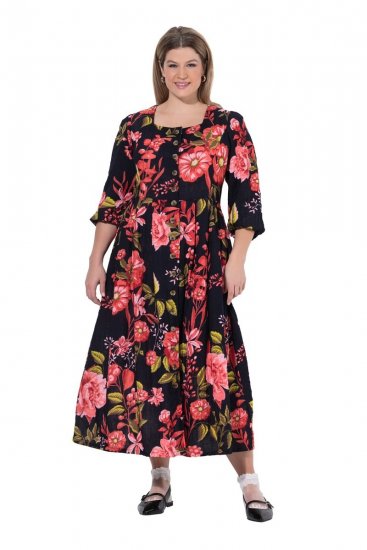 Ulla Popken 849593 Gebloemde blousejurk Donkerblauw - Maxi jurken - Grote maten maxi jurken