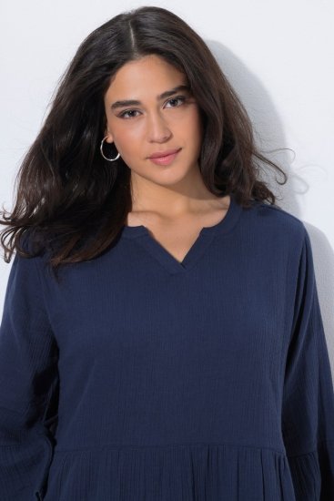 Ulla Popken 849856 Jurk met ruches Donkerblauw - Midi jurken - Midi-jurken in grote maten