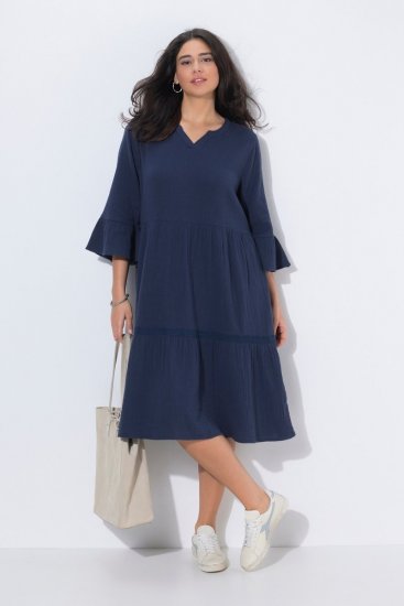 Ulla Popken 849856 Jurk met ruches Donkerblauw - Midi jurken - Midi-jurken in grote maten
