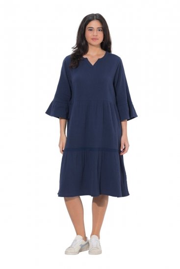 Ulla Popken 849856 Jurk met ruches Donkerblauw - Midi jurken - Midi-jurken in grote maten